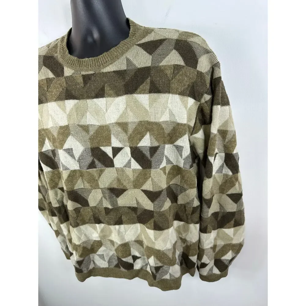 Vintage Geometric Print Wool Blend Crew Sweater Knit Brown Large Crazy Horse